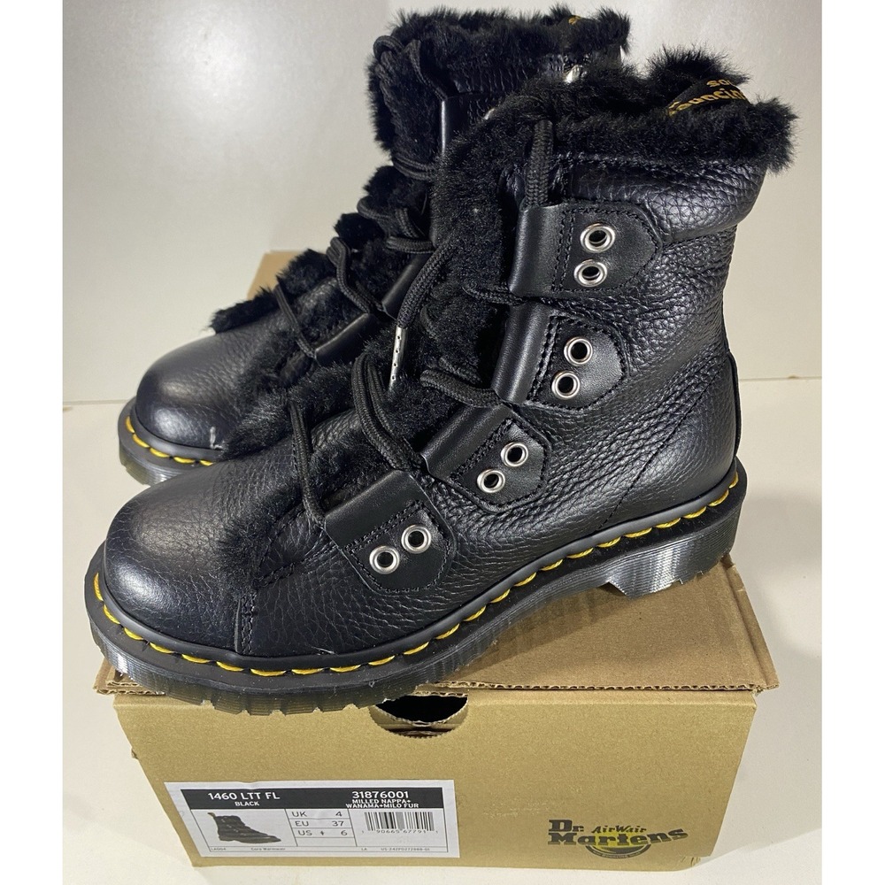 Dr Martens 1460 LTT FL Black Milled Nappa Faux Fur Lined Boots US Women 6 New